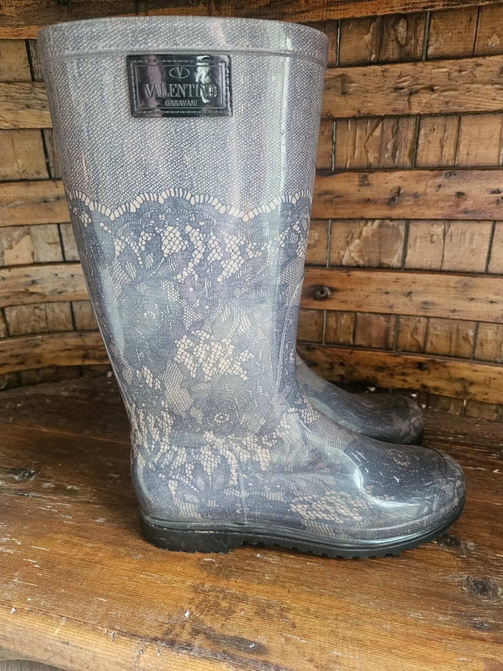 Valentino Garavani Women's Lace-Print Rain Boots in Gray